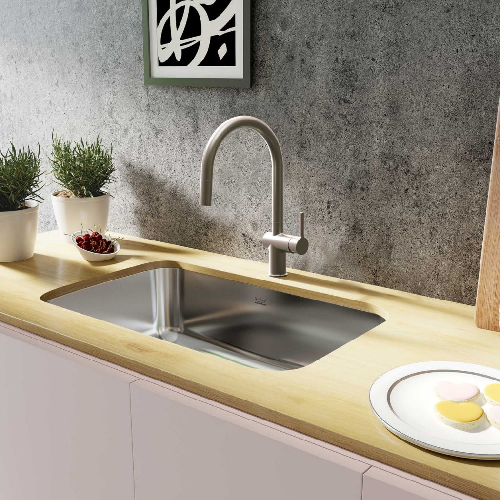 kindred single bowl stainless steel kitchen sink with chrome pull down faucet