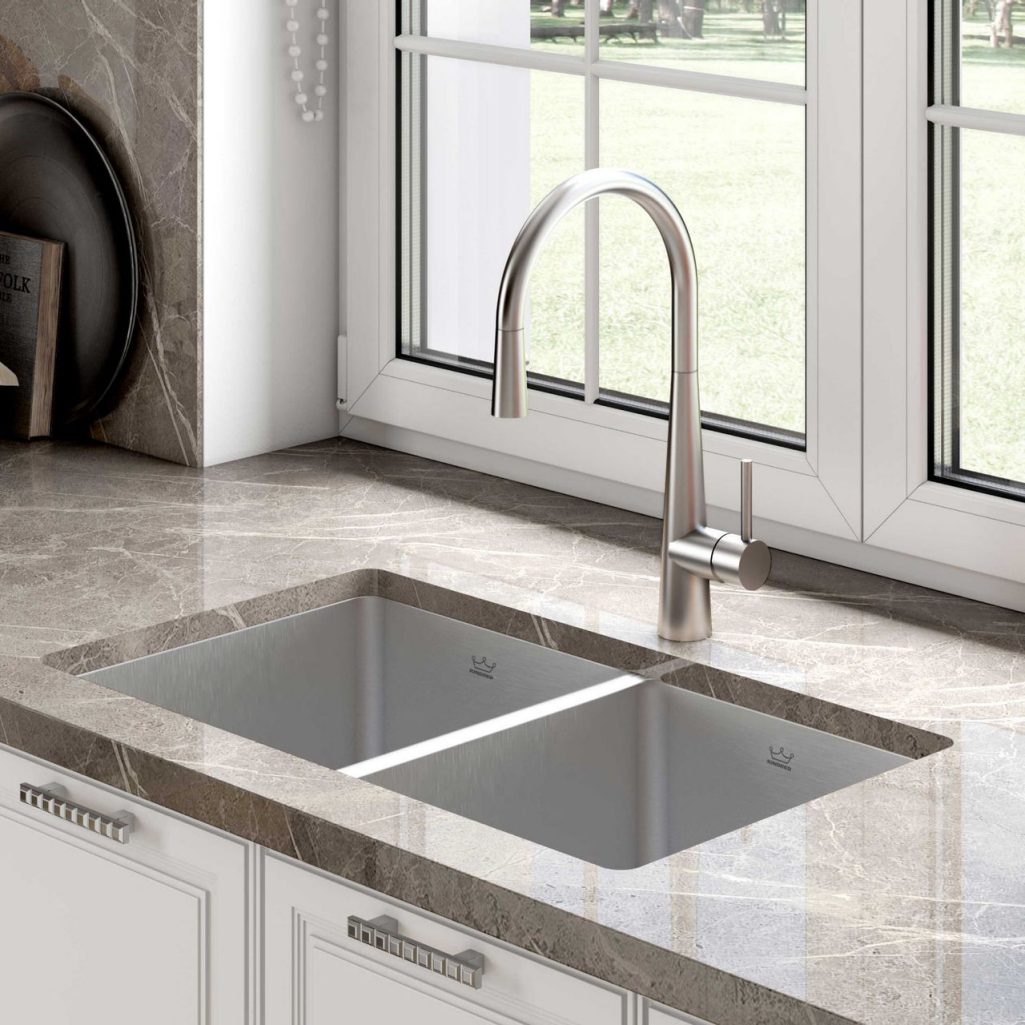 Kindred stainless steel double bowl undermount kitchen sink in marble countertop