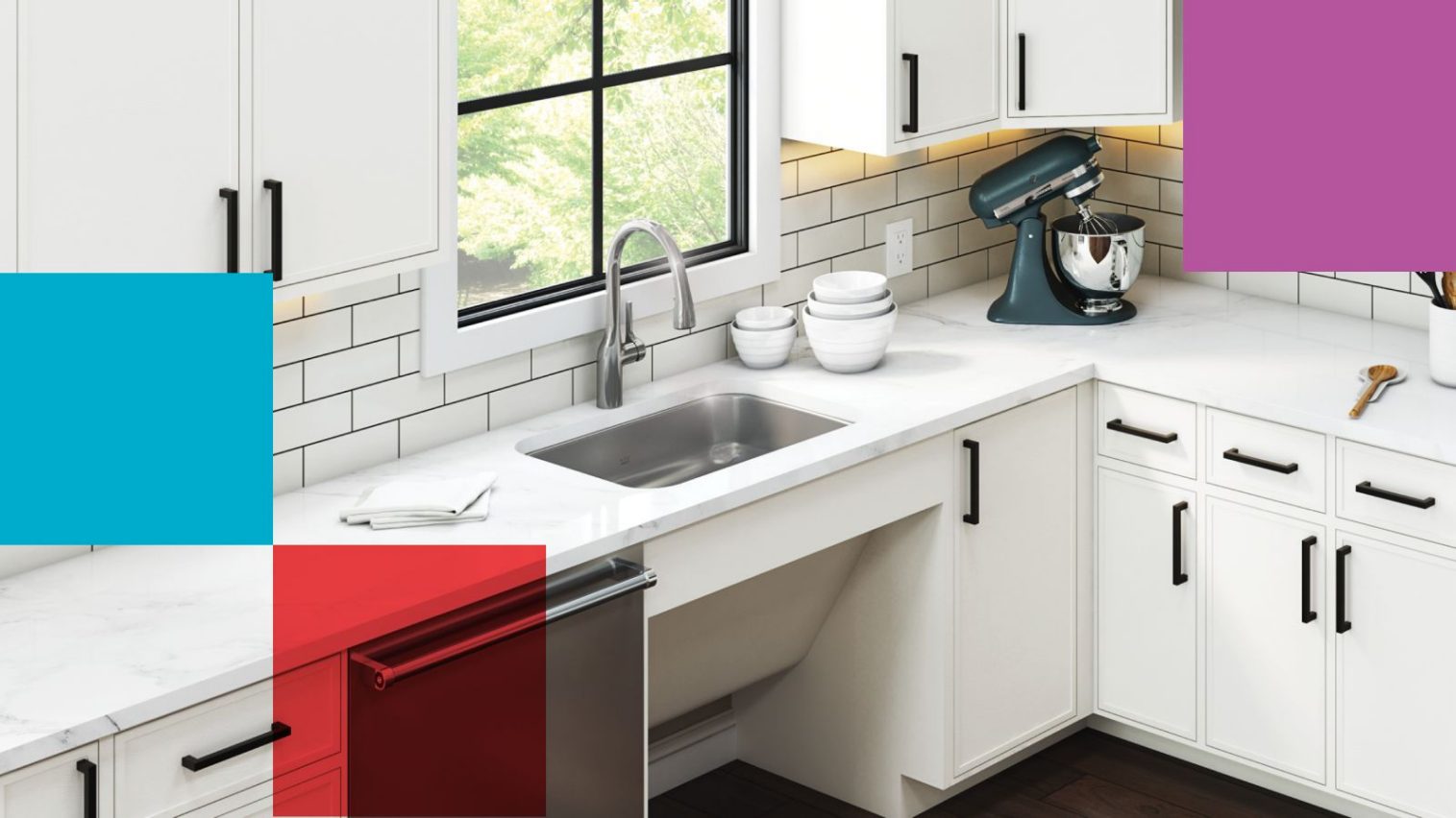 White modern accessible kitchen featuring a single bowl stainless steel ada sink and pull down kitchen faucet