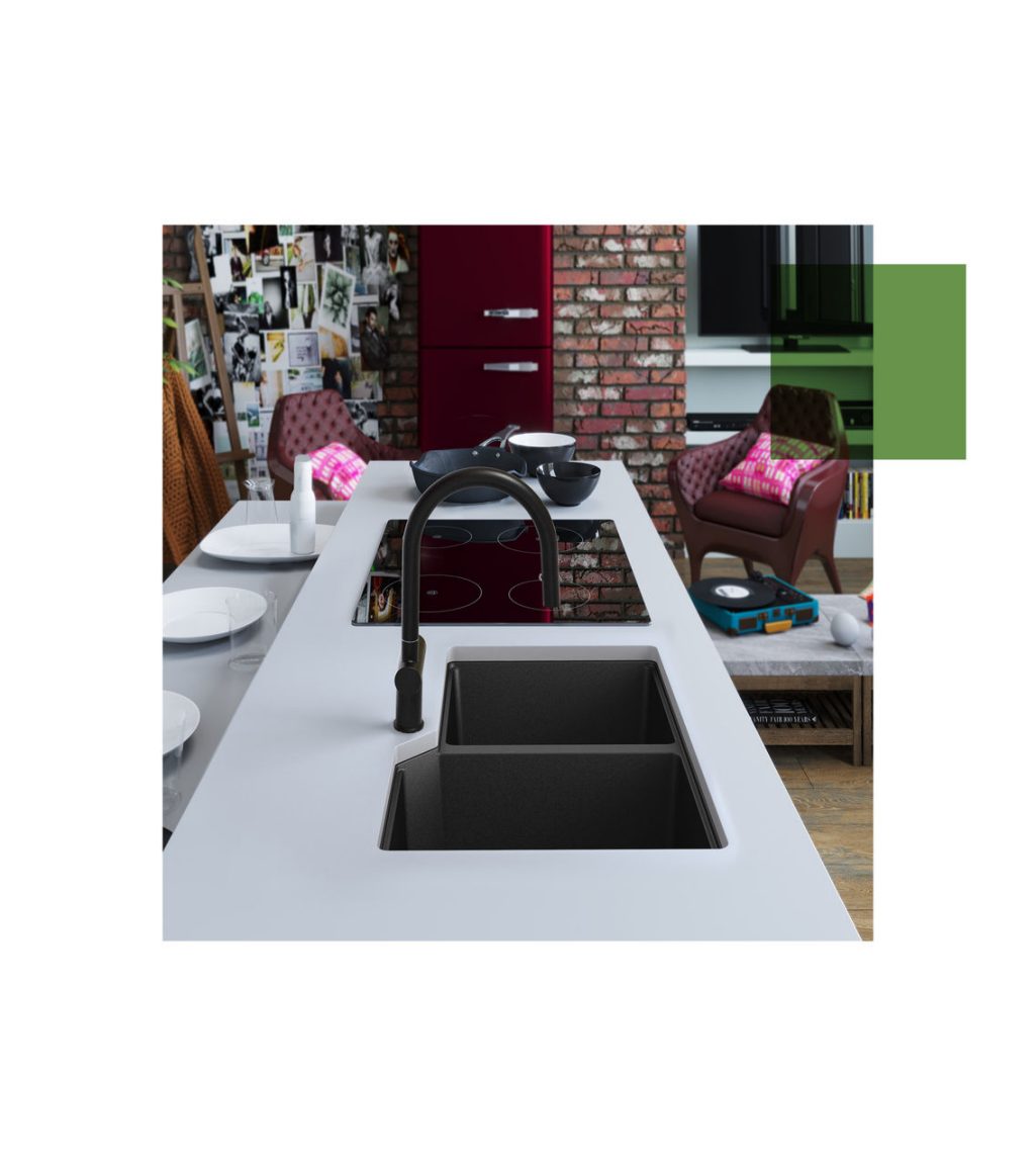 kindred matte black undermount double bowl sink in a modern kitchen island